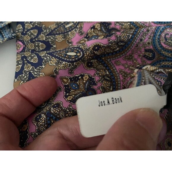 Jos A Bank Mens 14.5 X 14.5” Pink Blue Paisley 100% Silk Pocket Square New W Tag - Picture 7 of 16
